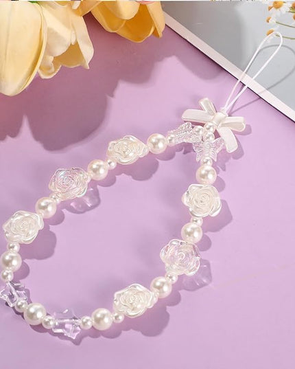 Ecally 3 Pcs Phone Charms Strap Camera Charm Strap Pearl Beaded Butterfly Bow Flower Cute Phone Wrist Lanyard Bracelet for Camera Keychain Wallet Decor Christmas New Year Gifts