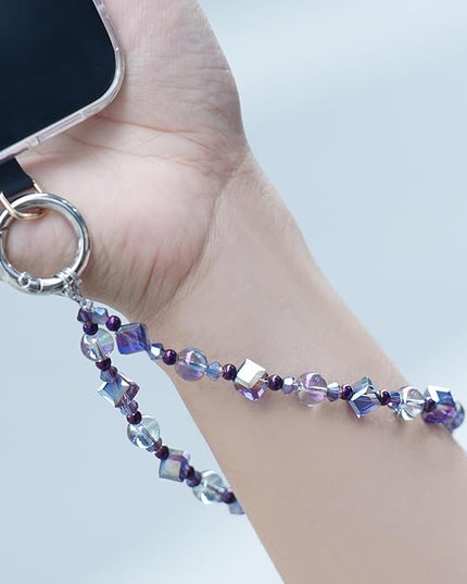 Cell Phone Wrist Strap Crystal Beaded Phone Bracelet Strap For Women Sparkling Beads Wristlet Lanyard Beaded Chain (Night Purple)