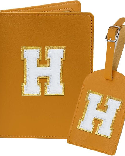 Initial Passport Cover Holder and Luggage tag Set,PU Leather Passport Case Travel Suitcase Tag with Letter Patch, Personalized Travel Luggage Accessories Gifts for Women Grils Teenage Ginger H