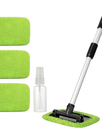 11pcs Windshield Cleaner Tool, Car Window Cleaning Wash Kit with 6 Reusable Microfiber Pads 2 Spray Bottles and Extendable Handles Auto Glass Wiper Kit, Green