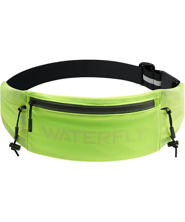 WATERFLY Running Belt Fanny Pack: Breathable 3 Pocket Waist Bag for Men Women Workout Exercise Fitness Phone Holder Fits All Phones - Runner Marathon Jogging Race Belt with Bib Clip Yellow