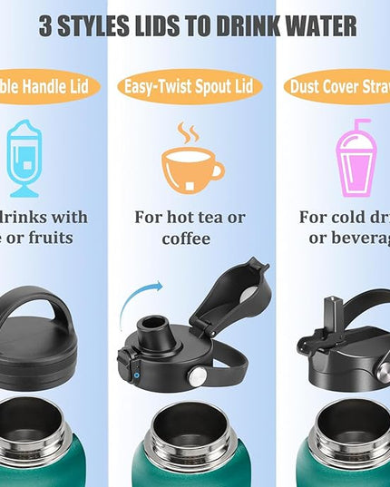 Water Bottle Insulated 32oz 40oz 64oz 128oz Straw Lid Spout Lid & 3 Lids, Leak Proof, Vacuum Insulated,Stainless Steel Water Bottle Wide Mouth for Sports, Gym or Office