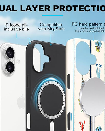Magnetic for iPhone 16 Case Cute Frog Stripes Phone Case, Summer Shockproof Slim TPU and Hard PC Protective Phone Cover Compatible with MagSafe Designed for Women Girls