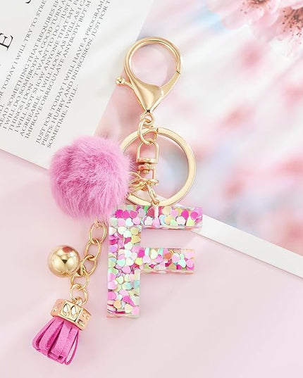 Resin Alphabet Initial Letter Keychain Keyring for Women Purse Handbags With Fur Ball Pom