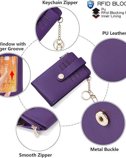 POIUGOYA Slim Wallet for Women,RFID Blocking Bifold Credit Card Holder with Zipper Coin Pocket,ID Window,Keychain