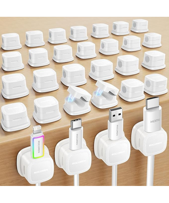 30 Pack Cable Management Cord Organizer,Magnetic Cable Clips-1s Lock,Rocoren Desk Adhesive Cord Cable Clip Wire Holder Keeper for Phone Charger Wire,Nightstand,Car,Office,Desktop Accessory,White