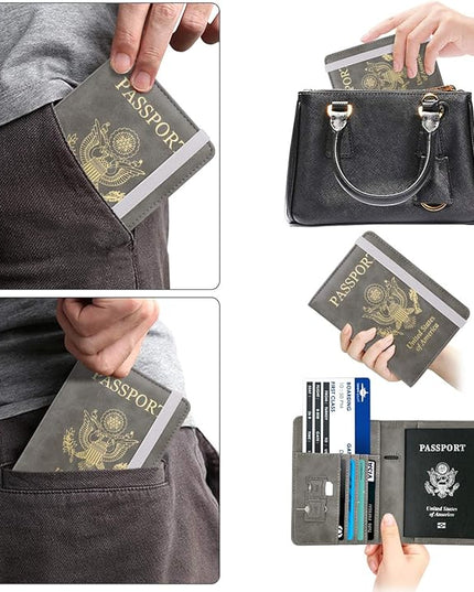 WALNEW Passport Holder for Travel, RFID Passport Cover Wallet for Women Men, PU Leather Passport Book Card Holder Case with Pen, Travelling Essentials for Flying