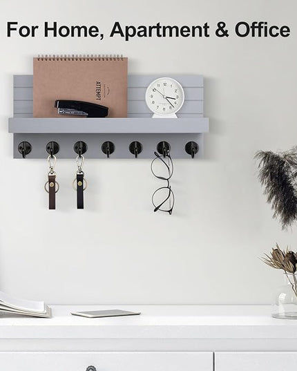 Lwenki Key Holder Wall Mount, Entryway Key and Mail Holder with 7 Sturdy Hooks for Sunglasses, Dog Leash, Decorative Wall Shelf with Mounting Hardware, 15”W x 6.7”H x 4.2”D (Gray)