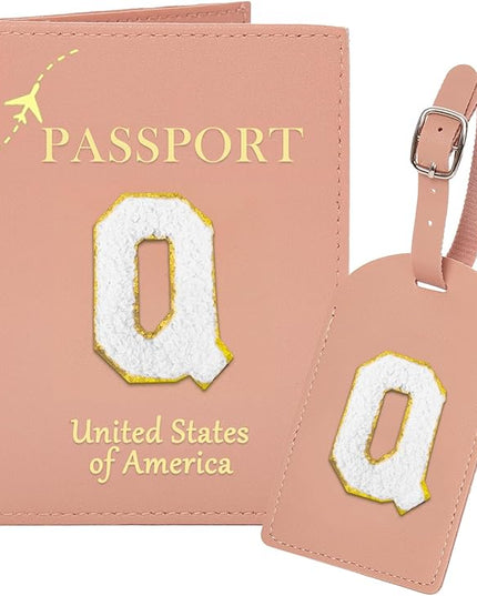Initial Passport Cover Holder and Luggage tag Set,PU Leather Passport Case Travel Suitcase Tag with Letter Patch, Personalized Travel Luggage Accessories Gifts for Women Grils Teenage Pink Q