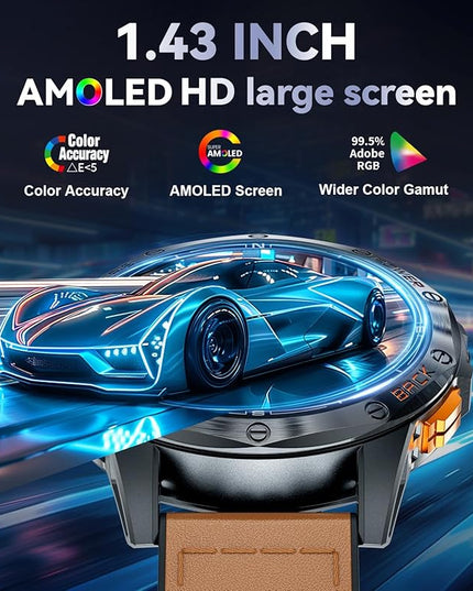 LIGE GPS Smart Watches for Men, Bluetooth Call, LED Flashlight, Compass, 1.43" AMOLED Fitness Watch with Heart Rate/Sleep Monitor, 100+ Sports Modes, iOS Android Compatible, Military Outdoor, Brown