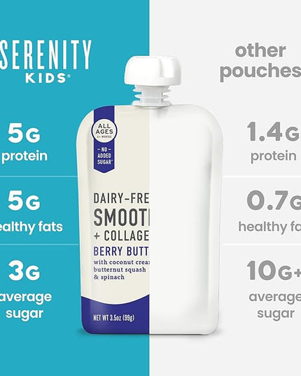 Serenity Kids 6+ Months Smoothie Baby Food Pouch - Berry Butternut, 3.5 Fl Oz, 6 Pack - Grass Fed Collagen Protein - Dairy Free Smoothie Pouch & No Added Sweeteners