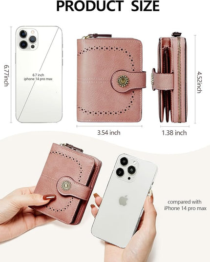 TFKGS Small Womens Wallet Leather RFID Blocking Bifold Compact Card Holder Ladies Zipper Accordion Pocket with ID Window Pink