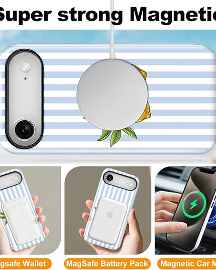 Magnetic for iPhone 17 Air Case Cute Lemon Stripes Phone Case, Shockproof Slim TPU and Hard PC Protective Phone Cover Compatible with MagSafe Designed for Women Girls, Blue