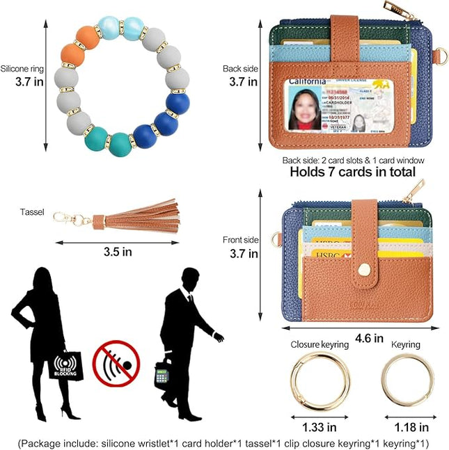 COOLANS Silicone Bracelet Wristlet Wallet Credit Card Holder RFID,ID Window,Key Ring Tassel,Slim Wallet Women Keychain Purse