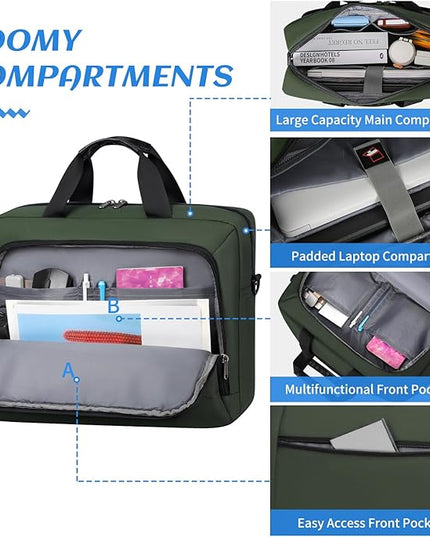 Laptop Bag 17.3 Inch Laptop Briefcase Large Waterproof Laptop Case for Men Women Business Office Work Computer Bag 17 Inch Adjustable Shoulder Messenger Bag, Green