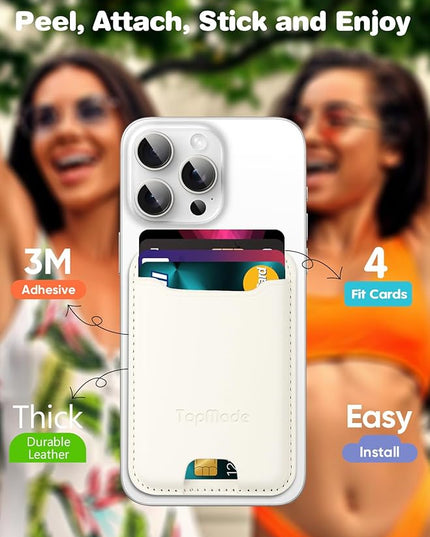 TopMade Phone Card Holder, Premium Leather Phone Wallet Stick on, Stronger 3M Adhesive Credit Card Holder for Back of Phone Case, iPhone, Samsung, and Android, RFID Blocking, Fit 4 Cards, Milky White