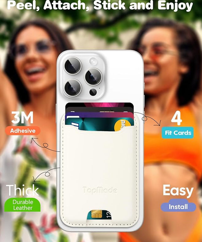 TopMade Phone Card Holder, Premium Leather Phone Wallet Stick on, Stronger 3M Adhesive Credit Card Holder for Back of Phone Case, iPhone, Samsung, and Android, RFID Blocking, Fit 4 Cards, Milky White