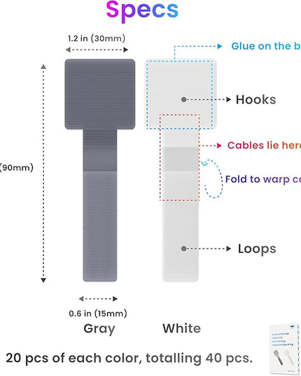 Hook and Loop Cable Ties, Self Adhesive Hook and Loop Cable Straps, Sticky-back Cord Organizer, Cable Clip, Household & Office Essentials, 40Pcs per Pack