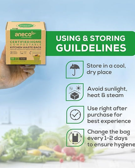 ANECO Compostable Trash Bags 4 Gallon (Flat-Top, 100 Count), Extra Strong for Medium Kitchen Garbage, OK Compost HOME & BPI Certified Compostable
