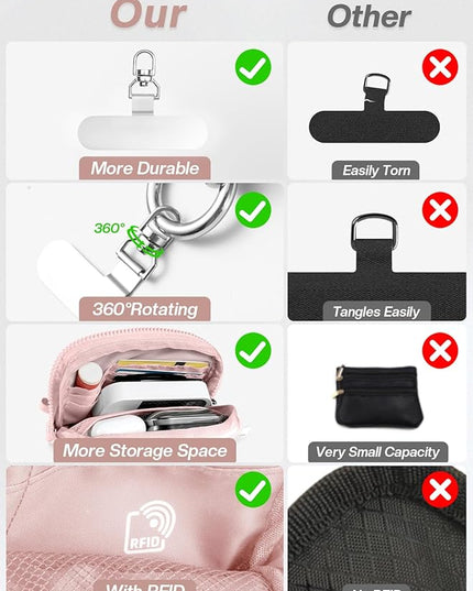 Clip and Go Strap for Phone with Wallet Crossbody Phone Lanyard Adjustable and Detachable RFID Wristlet Wallet with ID Window and Zipper, Pink