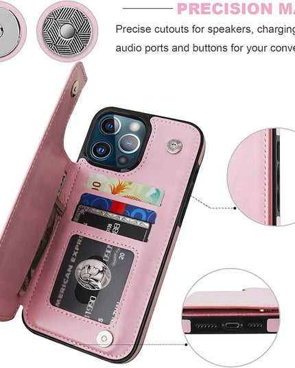 ONETOP Compatible with iPhone 13 Pro Max Wallet Case with Card Holder,PU Leather Kickstand Card Slots Case, Double Magnetic Clasp and Durable Shockproof Cover 6.7 Inch(Pink)
