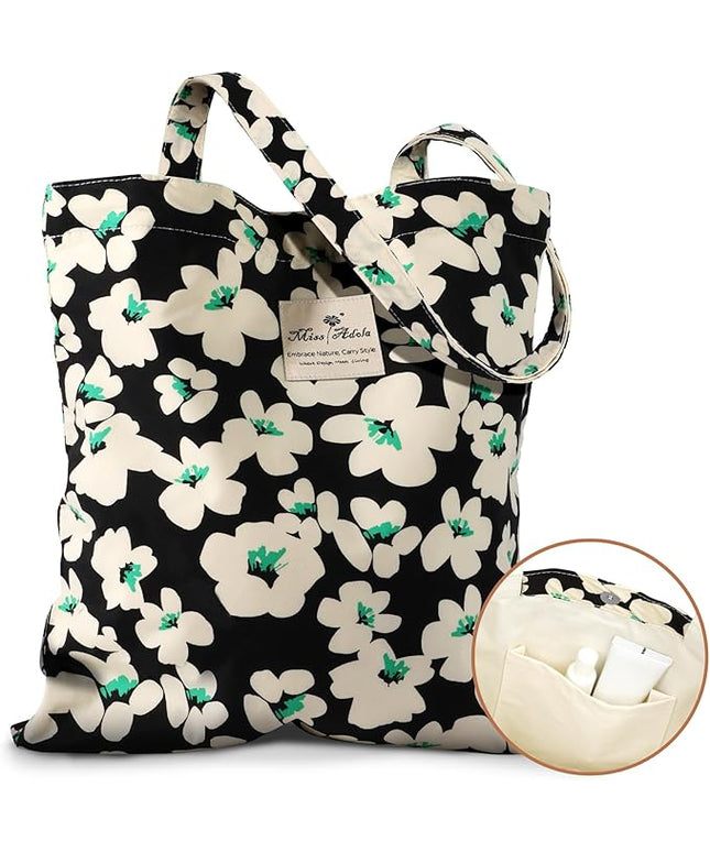 Aesthetic Cotton Tote Bag for Women - Reusable Shoulder Bag with Buckle Fabric Bag for Gym, Travel, Work