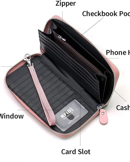 Moflycom Womens Wallet RFID Blocking Genuine Leather Multi Credit Card Large Capacity Zip Around Clutch Travel Purse Wristlet
