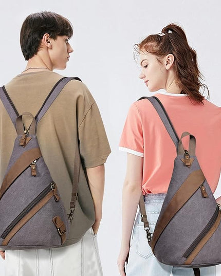 KL928 Canvas Sling Bag for Men Women, Genuine Leather Design Shoulder Crossbody Bags Backpacks Travel Daypack with Earphone Hole Rucksack, Dark Grey