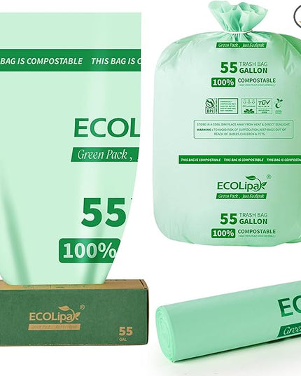 ECOLipak 55 Gallon Compostable Trash Bags, 12 Count Heavy Duty Extra Thick 1.57 Mil, 208.2 Liter Large Garbage Bags for Commercial/Lawn/Yard/Restaurant, US BPI ASTM D6400 and OK Compost Home Certified