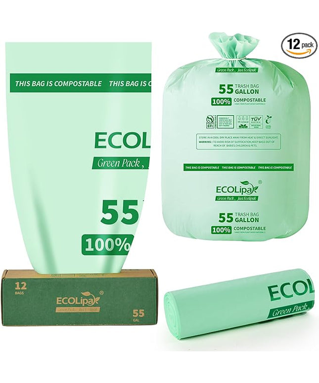 ECOLipak 55 Gallon Compostable Trash Bags, 12 Count Heavy Duty Extra Thick 1.57 Mil, 208.2 Liter Large Garbage Bags for Commercial/Lawn/Yard/Restaurant, US BPI ASTM D6400 and OK Compost Home Certified