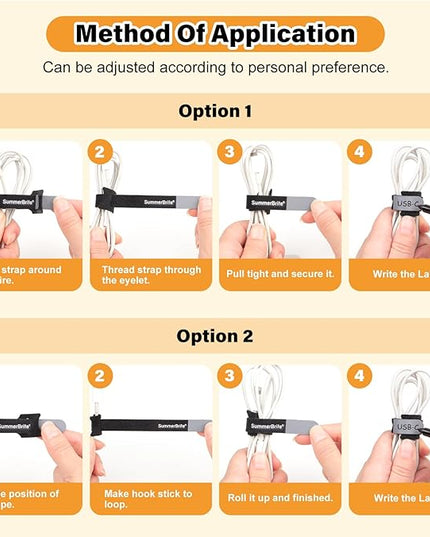 70 Pack Black Cable Ties 8 Inch with Writable Labels, Reusable Cord Organizer Straps, Hook & Loop Wire Management for Extension Cords, Garage Tools, Power Strips & Heavy Duty