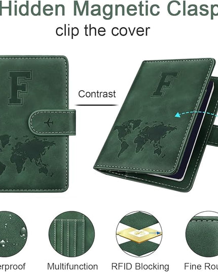 Personalized F Passport Holder Cover Initial Letter Travel Wallet RFID Blocking Passport Cover Credit Card Holder Case Passport Book Holders for Women and Men, Pine Green-F