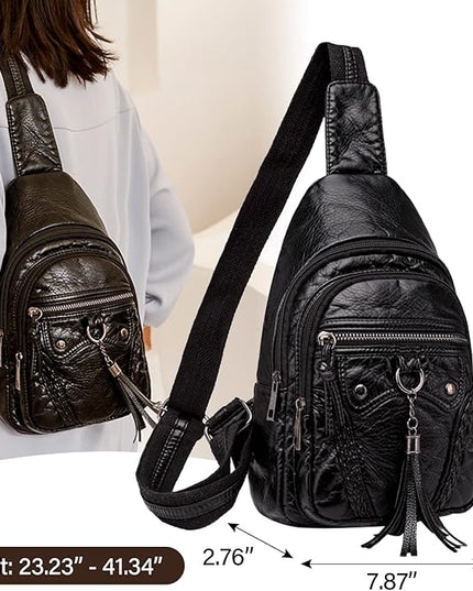 Peicees Leather Sling Bag For Women Waterproof Crossbody Bag Chest Bag Fashionable Small Backpack Purse For Travel Hiking