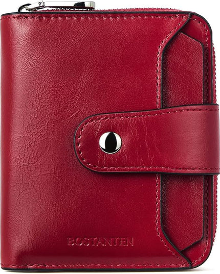 BOSTANTEN Leather Wallets for Women RFID Blocking Zipper Pocket Small Bifold Wallet Card Case Wine Red