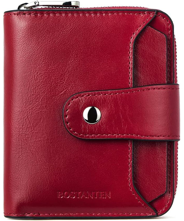 BOSTANTEN Leather Wallets for Women RFID Blocking Zipper Pocket Small Bifold Wallet Card Case Wine Red