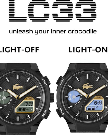 Lacoste LC33 Men's Analog-Digital Watch – TR90 Case, World Clock, Stopwatch, Alarm, Backlight, Textured Silicone Strap, Premium Fashion Timepiece - Gift for Him - 45mm