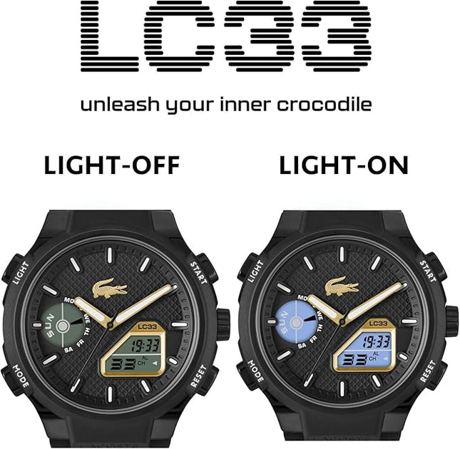 Lacoste LC33 Men's Analog-Digital Watch – TR90 Case, World Clock, Stopwatch, Alarm, Backlight, Textured Silicone Strap, Premium Fashion Timepiece - Gift for Him - 45mm