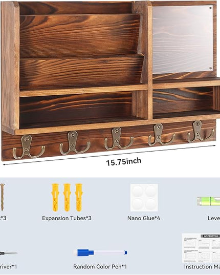 ClyraStor Key Holder Wall Mount, Mail Organizer Wall Mounted, Solid Wood Key Holder for Wall Living Room Entryway Home Decor, with 10 Key Hooks, Shelf, Marker Pen, 15.7" x 10.2" x 2.8"