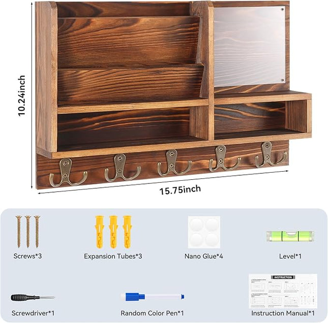 ClyraStor Key Holder Wall Mount, Mail Organizer Wall Mounted, Solid Wood Key Holder for Wall Living Room Entryway Home Decor, with 10 Key Hooks, Shelf, Marker Pen, 15.7" x 10.2" x 2.8"