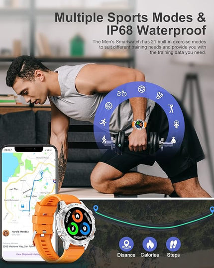SUNKTA Military Smart Watch for Men(Answer/Dial Calls),100 Sports Modes, 5ATM Waterproof,1.39''HD Touchscreen Fitness Watch,with Heart Rate/SpO2 for Android/iOS Smart Watch Orange