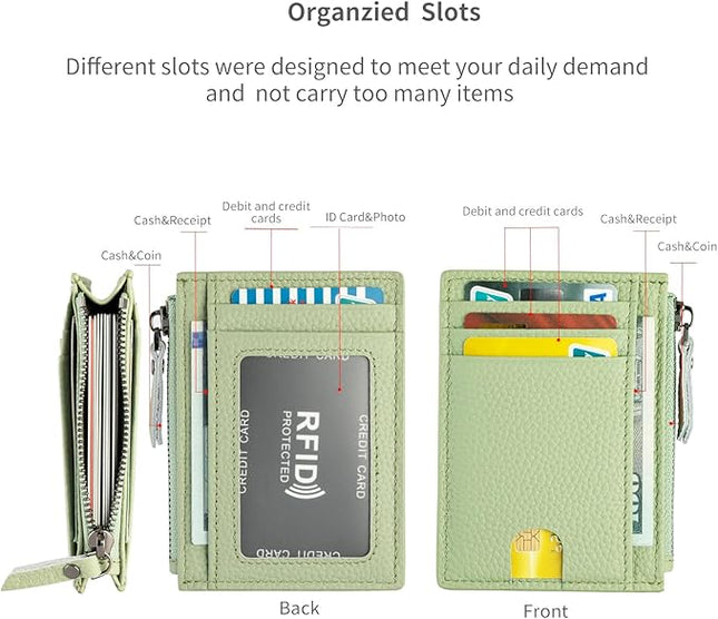 ilovever Slim Wallet for Women Small Leather RFID Blocking Credit Card Holder Minimalist Wallet with Coin Purses & Pouches,S Light Green