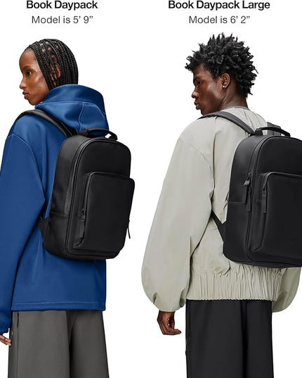 RAINS Book Daypack Large Lagoon Laptop Backpack for Men and Women, Waterproof Black Minimalist Commuter Bag with 15”-16"