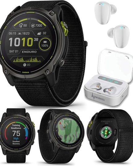 Wearable4U Garmin Enduro 3 – 51 mm, Solar, Sapphire, Ultraperformance GPS Smartwatch, Carbon Gray DLC Titanium with Black UltraFit Nylon Strap White Earbuds Bundle