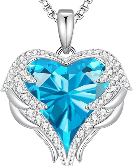 CDE Christmas Gifts for Women Angel Wings Necklace for Women with Birthstone, Love Heart Silver Tone/Gold Tone Pendant, Ideal Anniversary or Birthday Jewelry Gifts for Wife Girlfriend Her