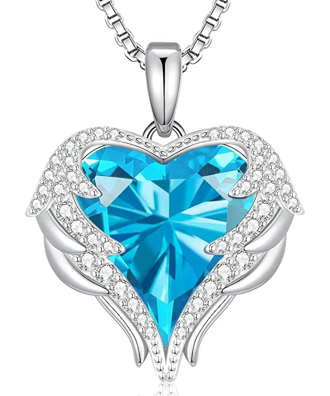 CDE Christmas Gifts for Women Angel Wings Necklace for Women with Birthstone, Love Heart Silver Tone/Gold Tone Pendant, Ideal Anniversary or Birthday Jewelry Gifts for Wife Girlfriend Her