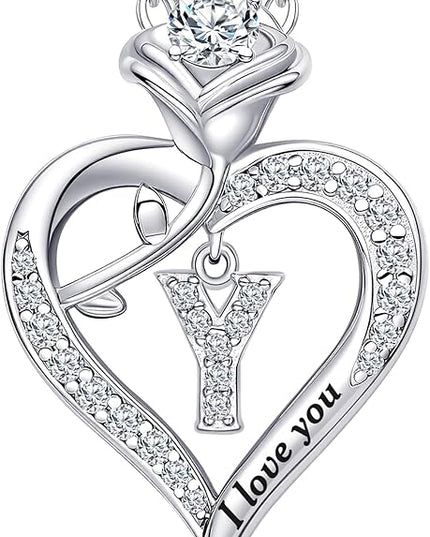 Rose Heart Pendant Necklace Gifts for Wife, Engraved 'I love you' Gift for Wife Girlfriend, Anniversary Birthday Eternity Jewelry Present for Women, Moissanite Necklace Gift for Her