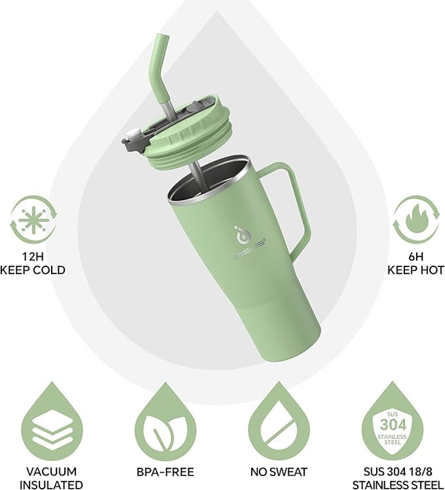 Ideus 32 oz Tumbler with Handle and Straw, Vacuum Insulated Stainless Steel Travel Mug, 100% Leakproof, Cup Holder Friendly, Avocado Green