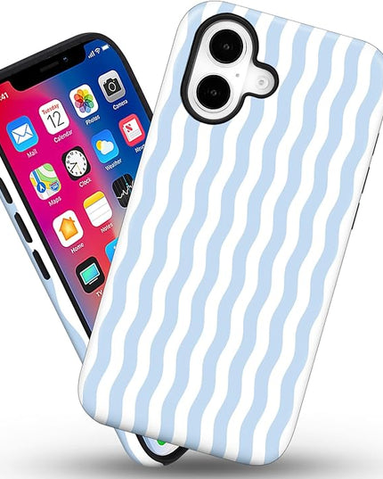 Magnetic for iPhone 16 Case Cute Wavy Stripes Phone Case, Shockproof Slim TPU and Hard PC Protective Phone Cover Compatible with MagSafe Designed for Women Girls, Blue