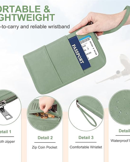 Family Passport Holder Wallet with Zipper, RFID Blocking Travel Document Organizer, PU Leather Passport Wallet for Women Men, Passport Cover Travel Wallet for Boarding Pass, ID, Money, Tickets