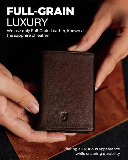 Taurus Smart Wallet For Men: Full Grain Leather, Handcrafted, Slide Metal Pop Up Case, Slim RFID Blocking Credit Card Holder, Minimalist, Compact - 9-12 Cards Organizers | ID | Money Clip (Brown)
